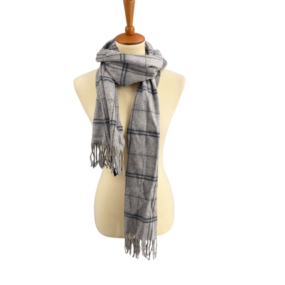 Nordstrom Men's Shop Scarf Grey Plaid‎ 100% Cashmere Fringe New